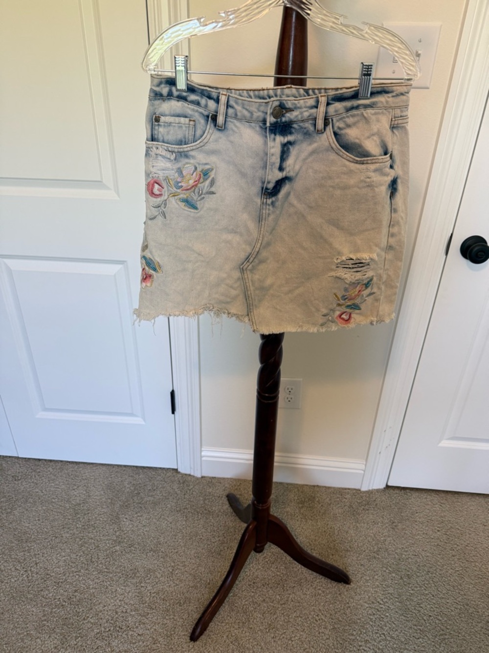 Embroidered Light Wash Denim Mini Skirt -  Floral Accents